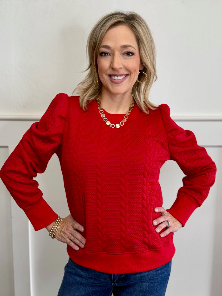 Cable Texture Red Knit Top