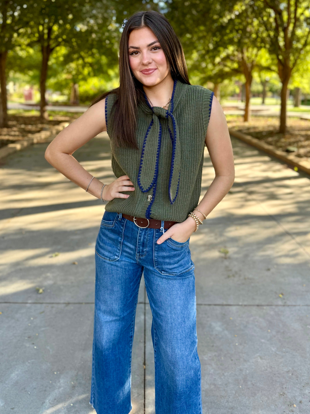 So Me Green Tie Neck Sweater Vest