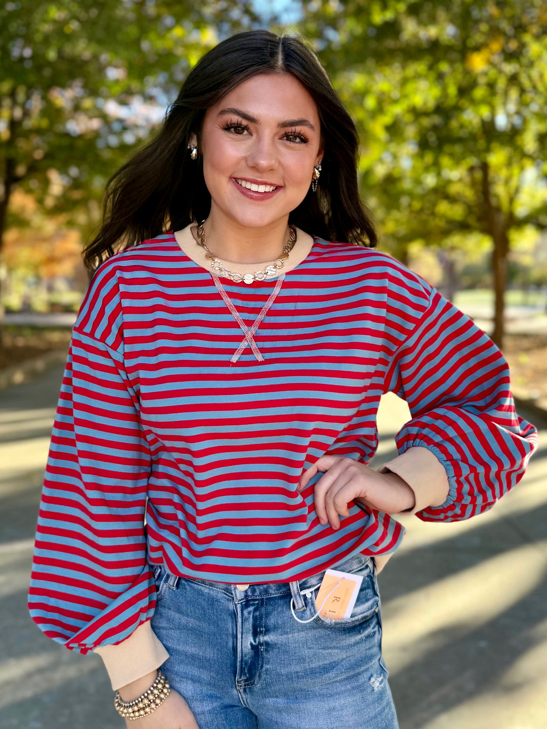 Red & Blue Striped Weekend Top