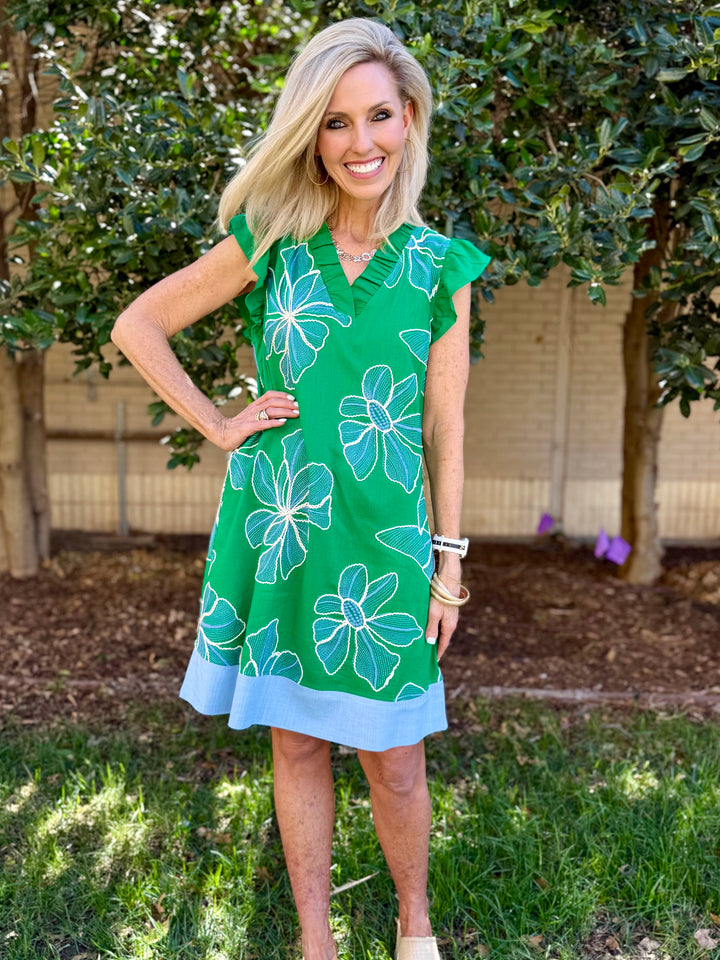Garden Drift Green Ruffle Sleeve Dress