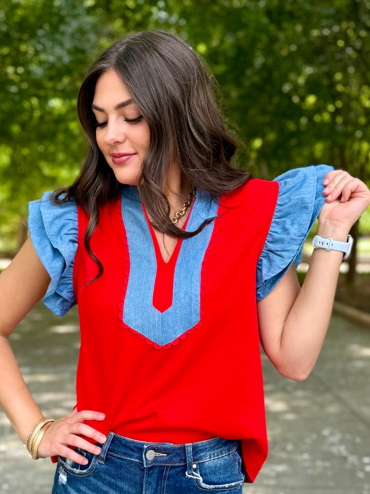Sweet On Denim Red Ruffle Sleeve Top