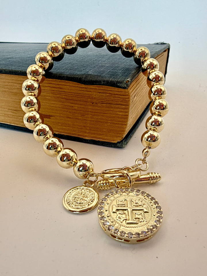 Toggle Clasp Gold Beaded Coin Bracelet