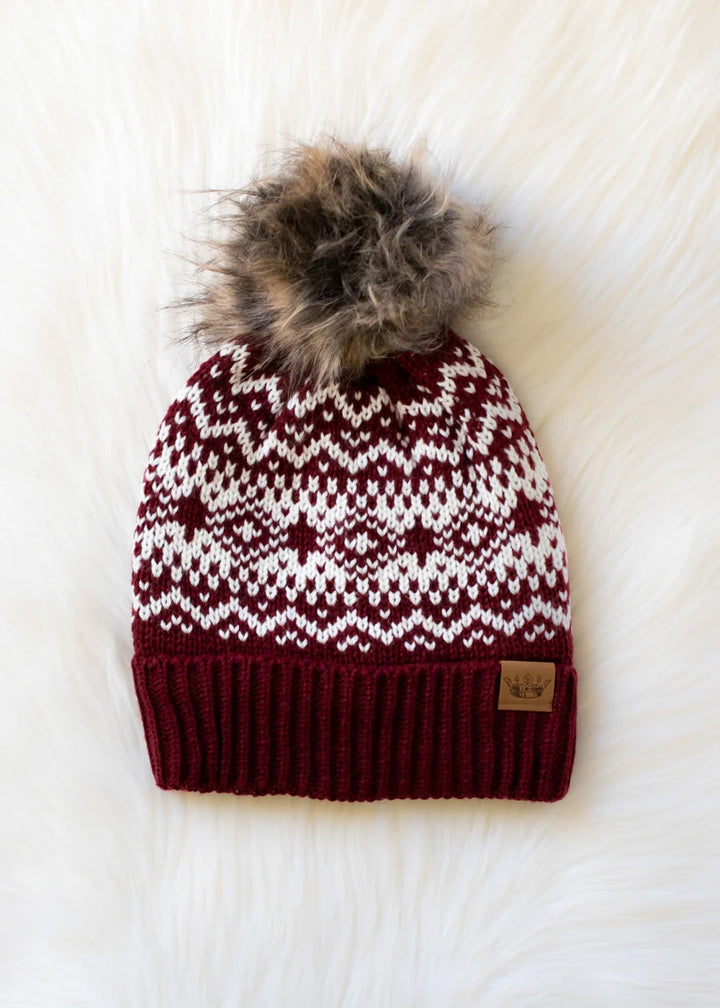Maroon Pattern Pom Beanie