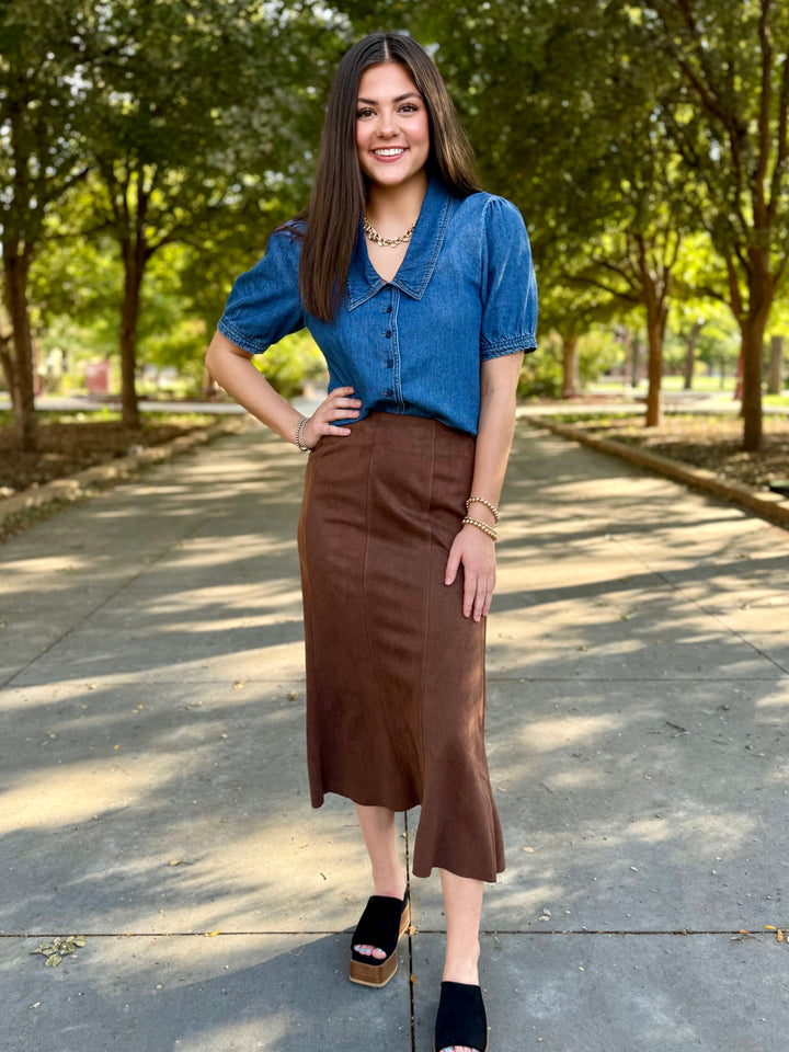 Rustic Suede Brown Midi Skirt by THML