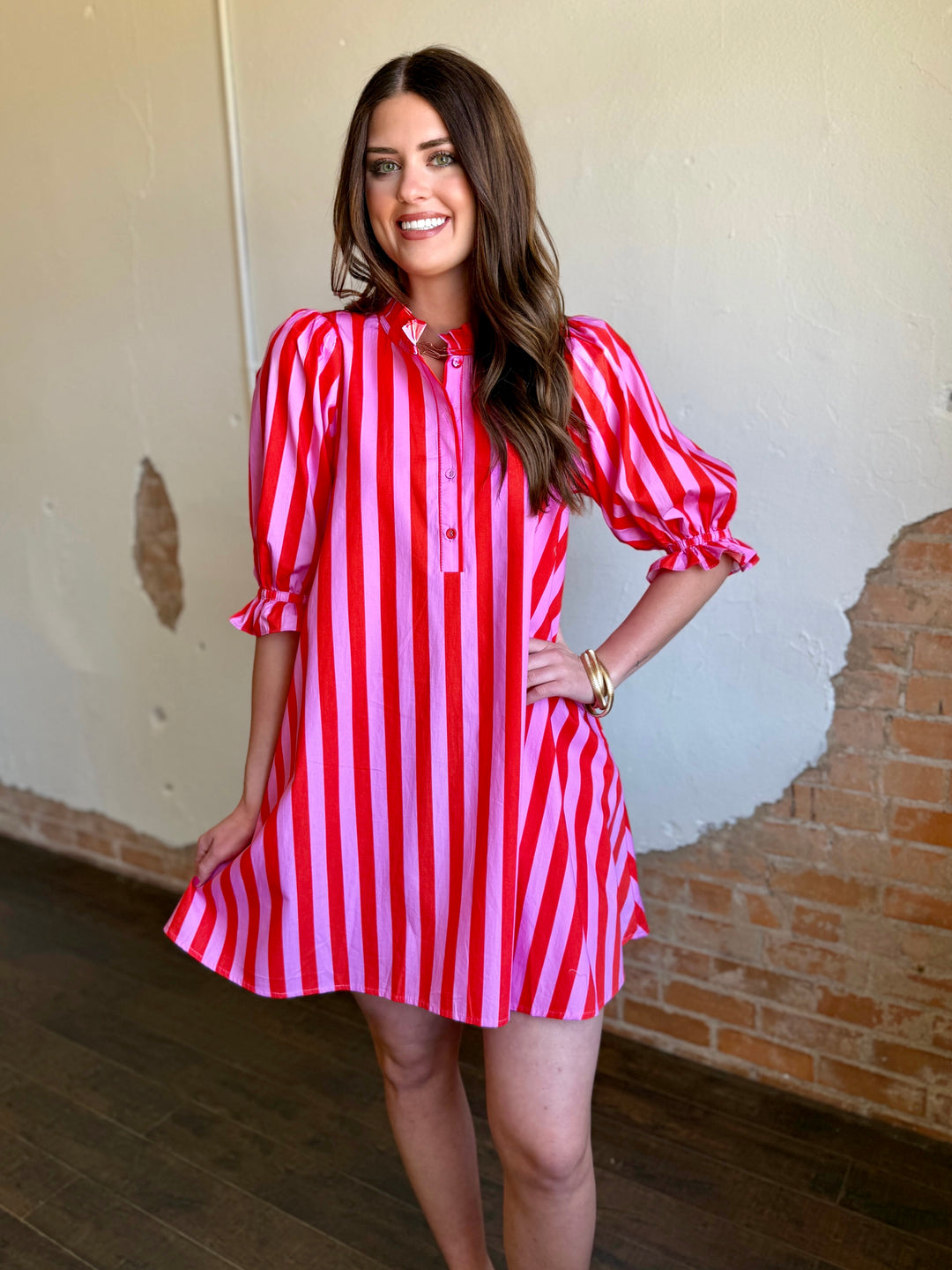 Blushing Pink Striped Puff Sleeve Dress