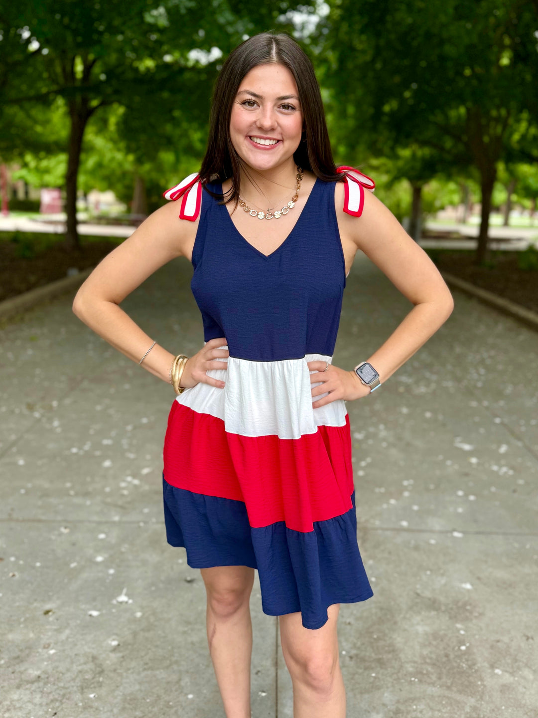 Patriotic Red, White, and Blue V-Neck Dress