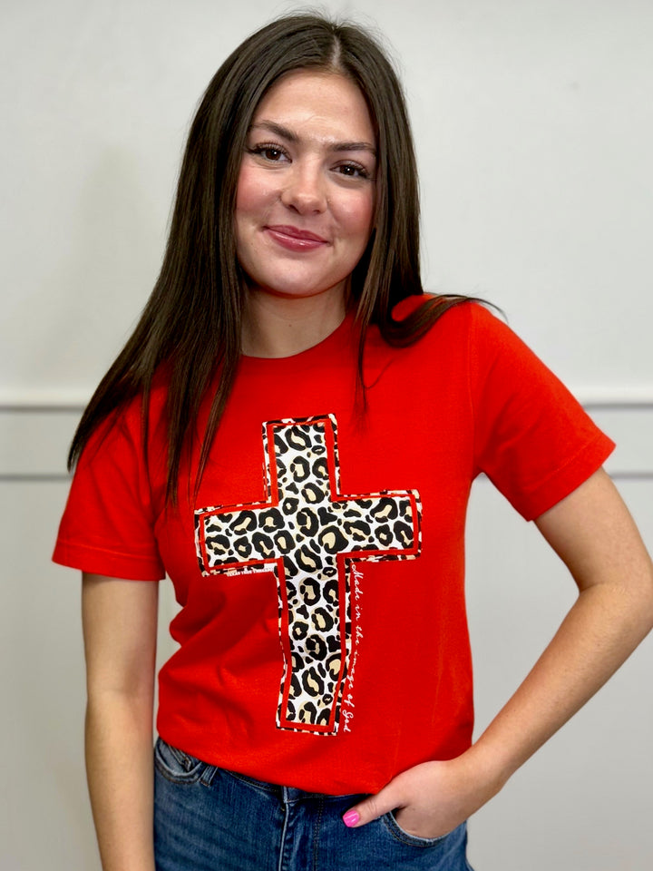 Leopard Cross on Poppy Tee by Texas True Threads