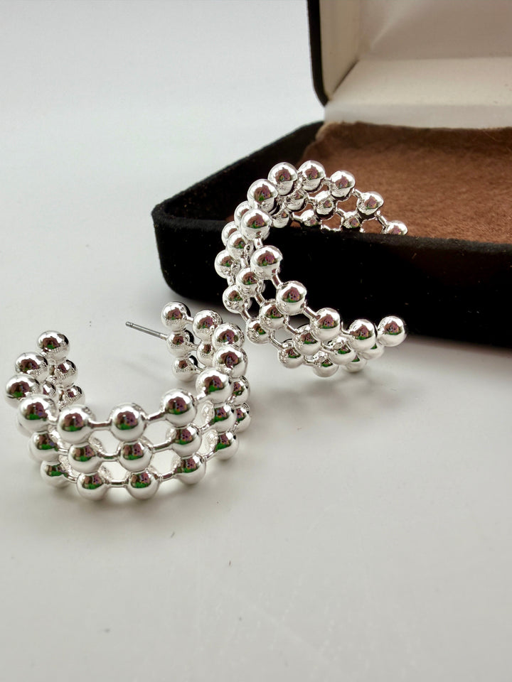 Dina Triple Beaded Silver Hoops
