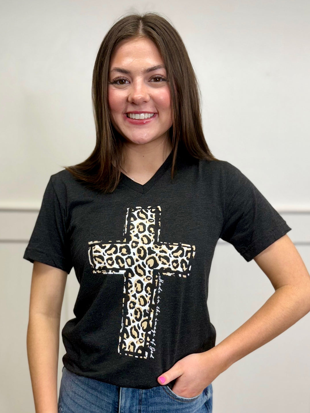 Leopard Cross V-Neck Tee by Texas True Threads