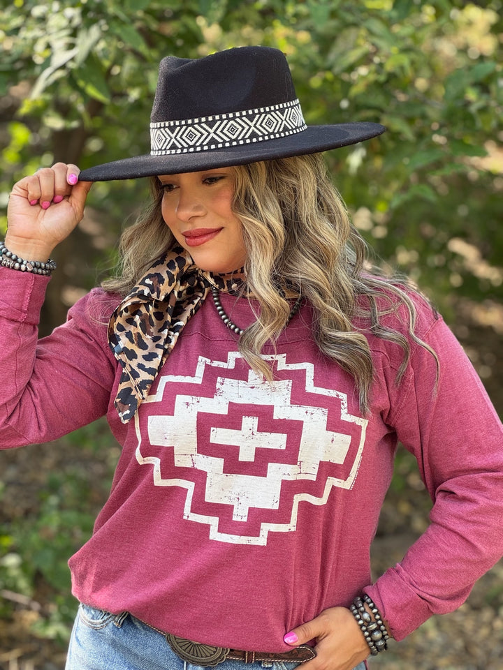 Drew Aztec on Maroon Long Sleeve Boyfriend Tee by Texas True Threads