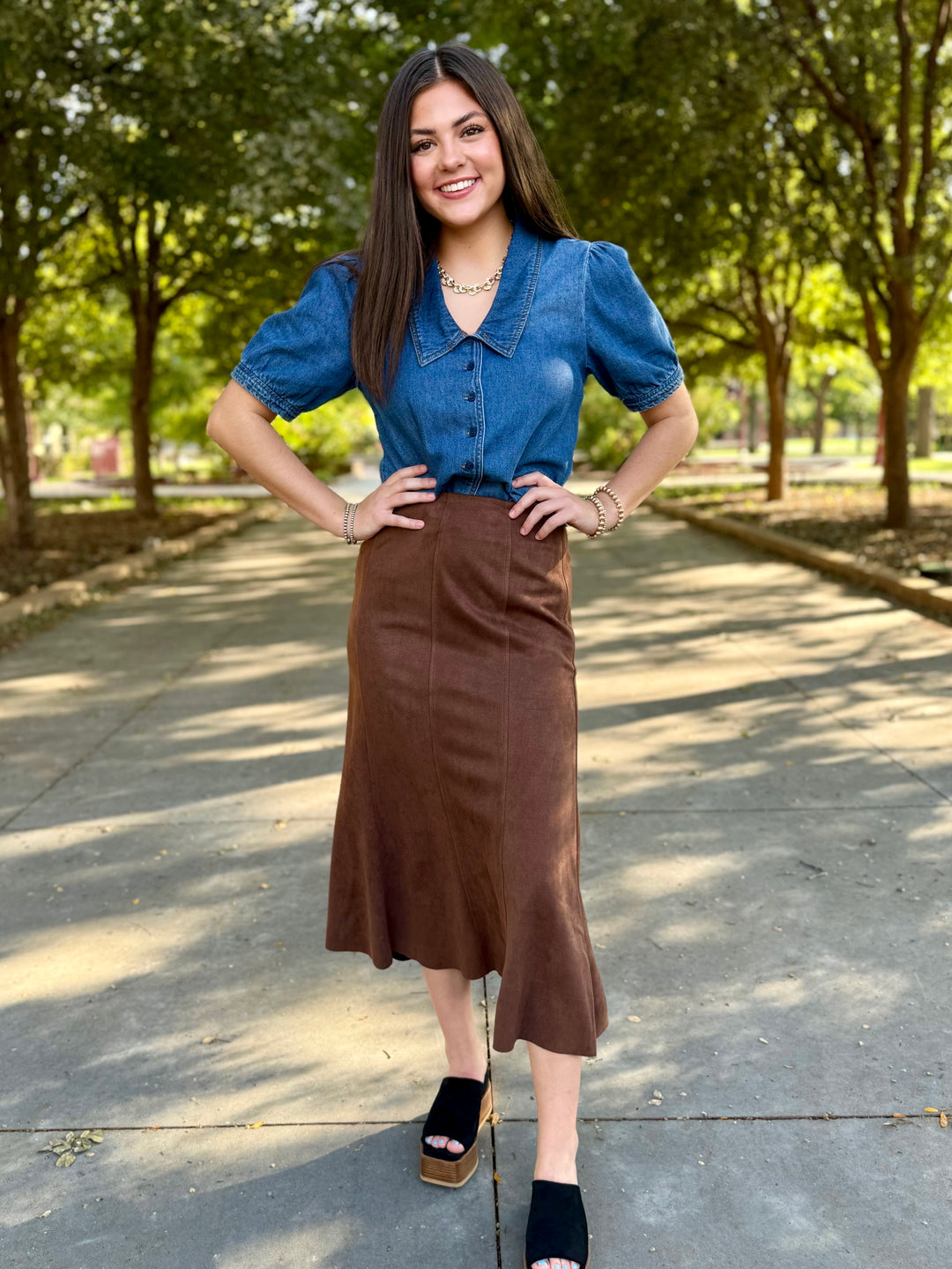 Rustic Suede Brown Midi Skirt by THML