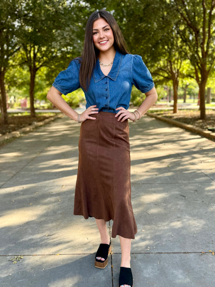 Rustic Suede Brown Midi Skirt by THML