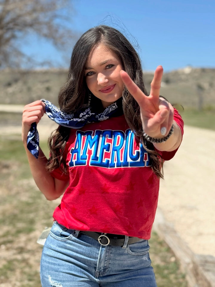 America in Blue Metallic Puff Tee by Texas True Threads