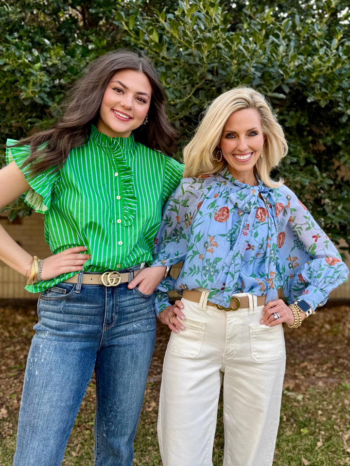 Spring Breeze Striped Ruffle Sleeve Top