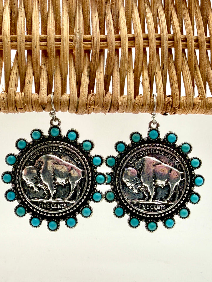 Turquoise Buffalo Coin Earrings
