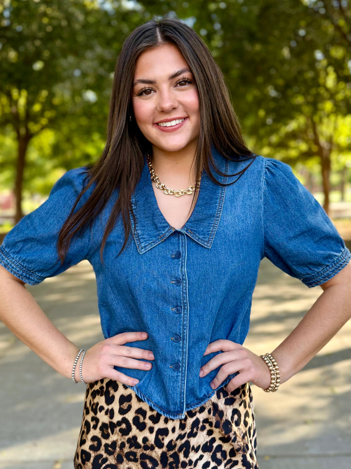 The Wren Collared Cropped Denim Top