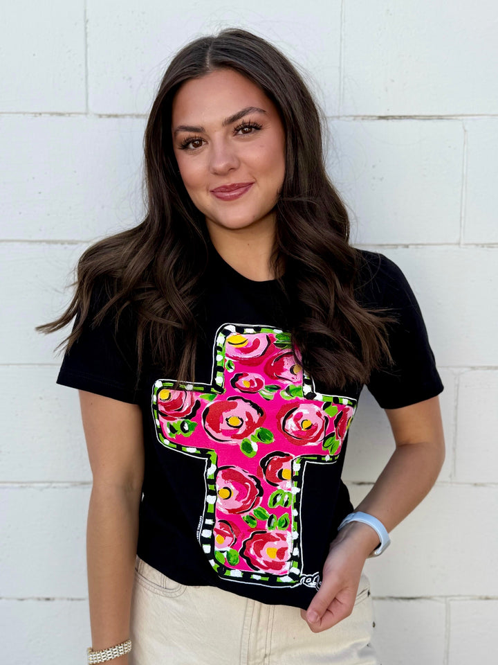 Callie Ann Stelter Floral Pink Cross Tee by Texas True Threads