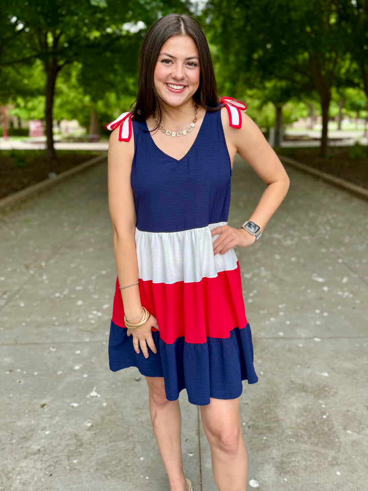 Patriotic Red, White, and Blue V-Neck Dress