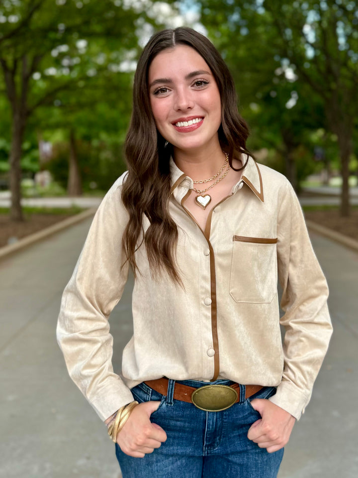 Ivory Out West Suede Long Sleeve Top