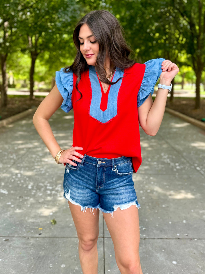 Sweet On Denim Red Ruffle Sleeve Top
