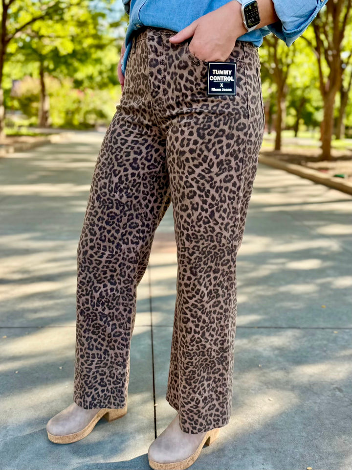 Liddy Leopard Tummy Control High Rise Wide Leg Jean by Risen