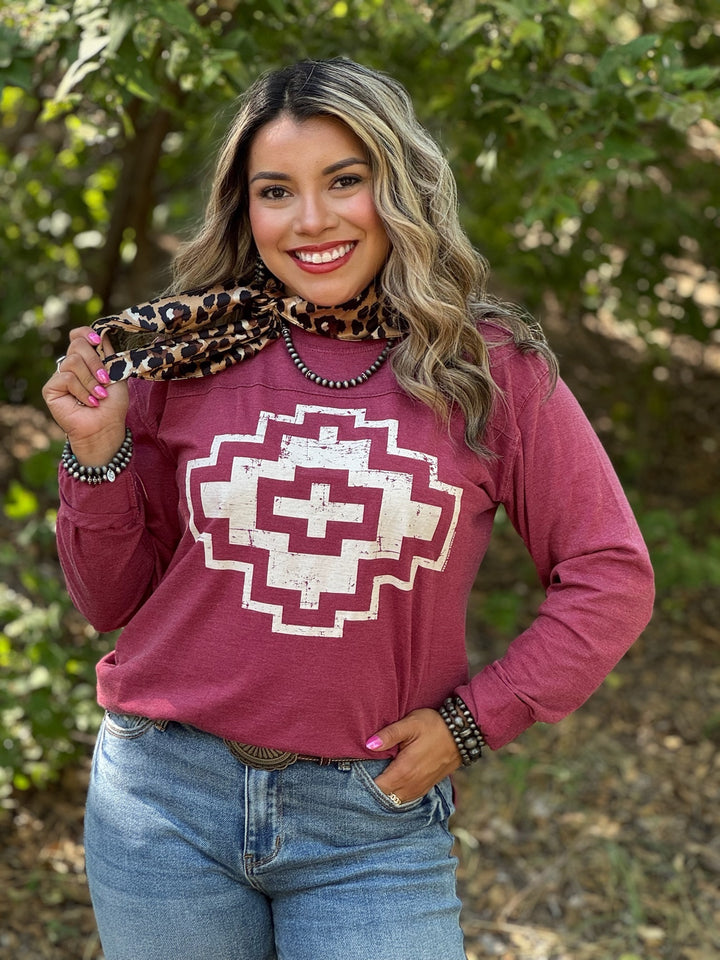 Drew Aztec on Maroon Long Sleeve Boyfriend Tee by Texas True Threads