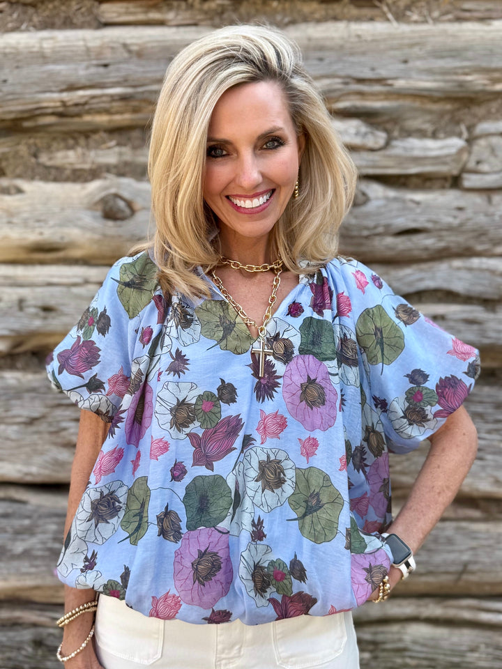 Morning Dew Blue Floral V-Neck Blouse