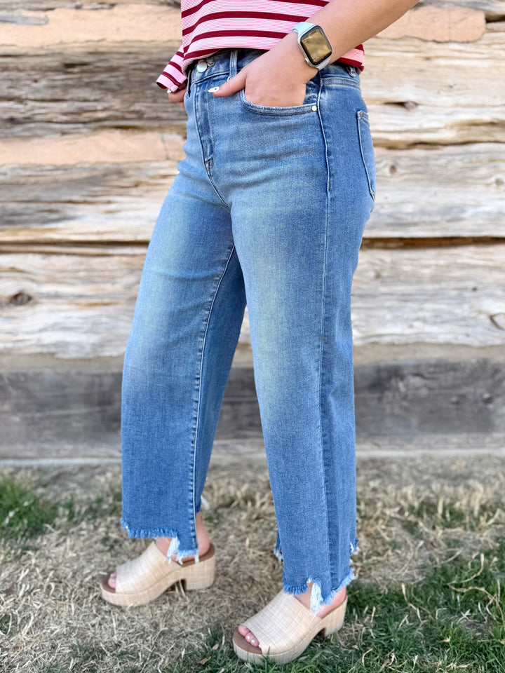 Serenity High Rise Wide Leg Crop Distressed Hem by Risen