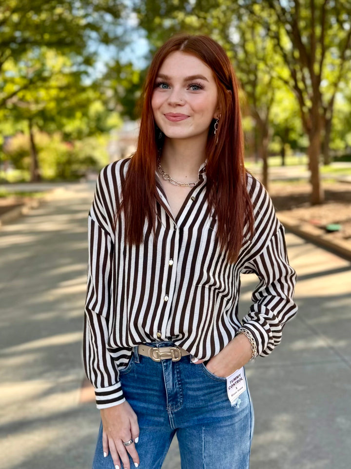 Button Up & Brew Striped Button Up Top