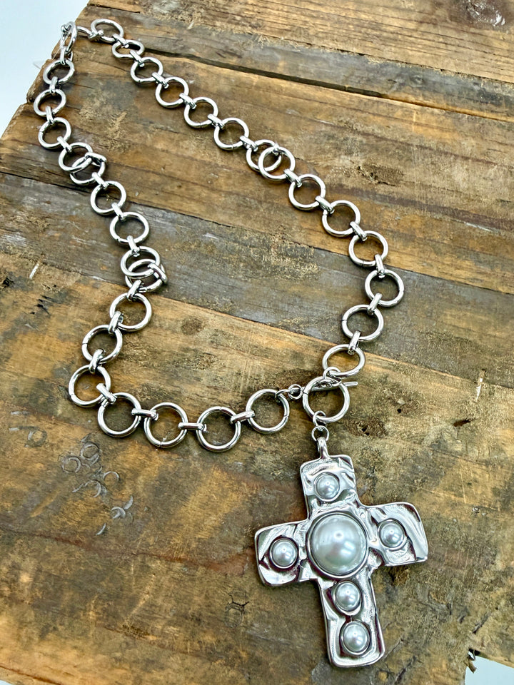Harper Silver Cross Necklace by ChansuttPearls