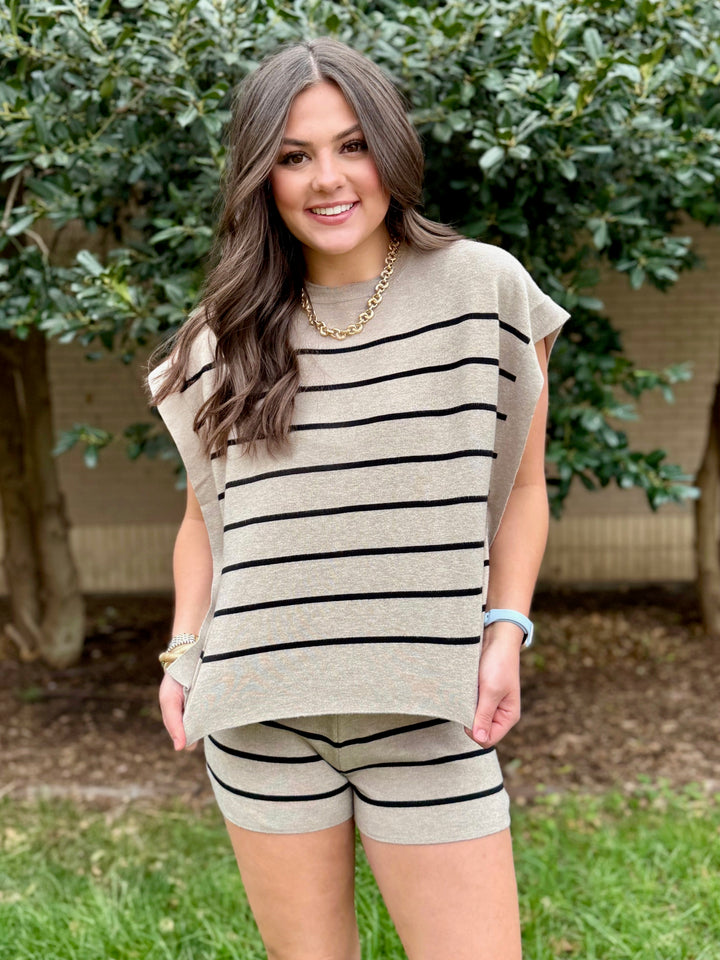 Play All Day Taupe Striped Short Set