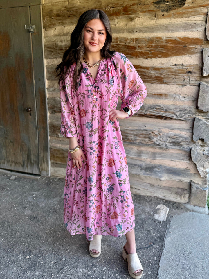 Petals & Grace V-Neck Pink Maxi Dress