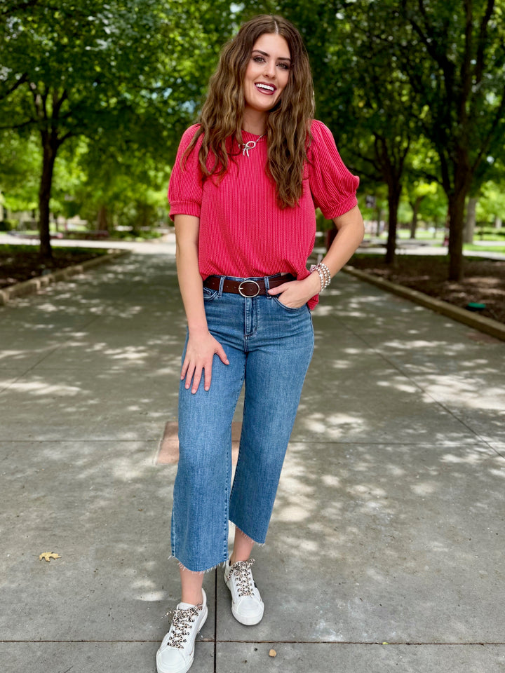 Easy Breezy Red Ribbed Puff Sleeve Top