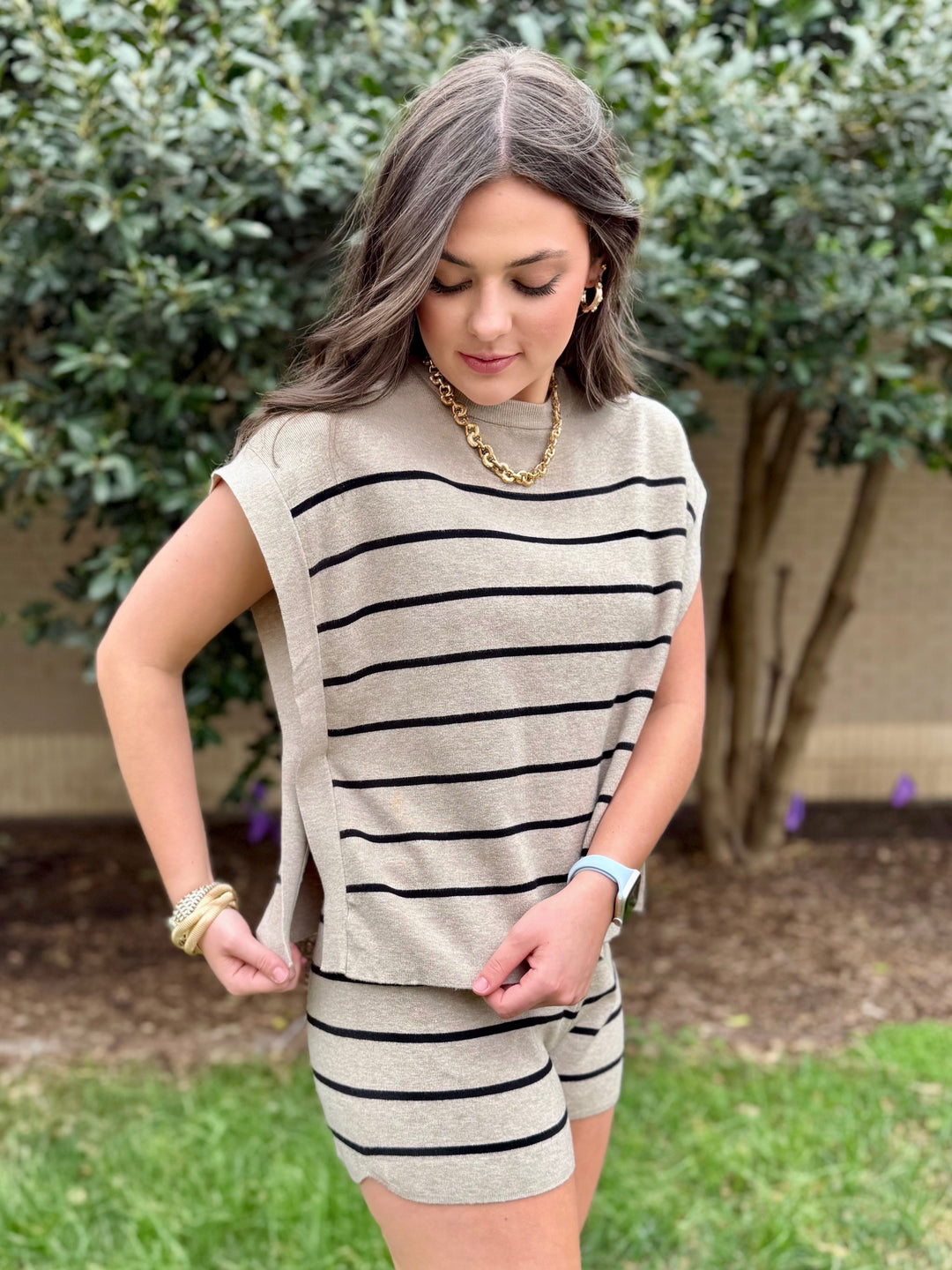 Play All Day Taupe Striped Short Set