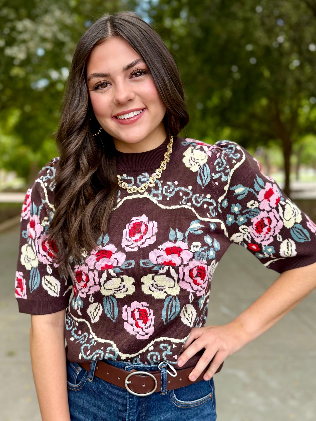 Sunday Ease Floral Short Sleeve Sweater by THML