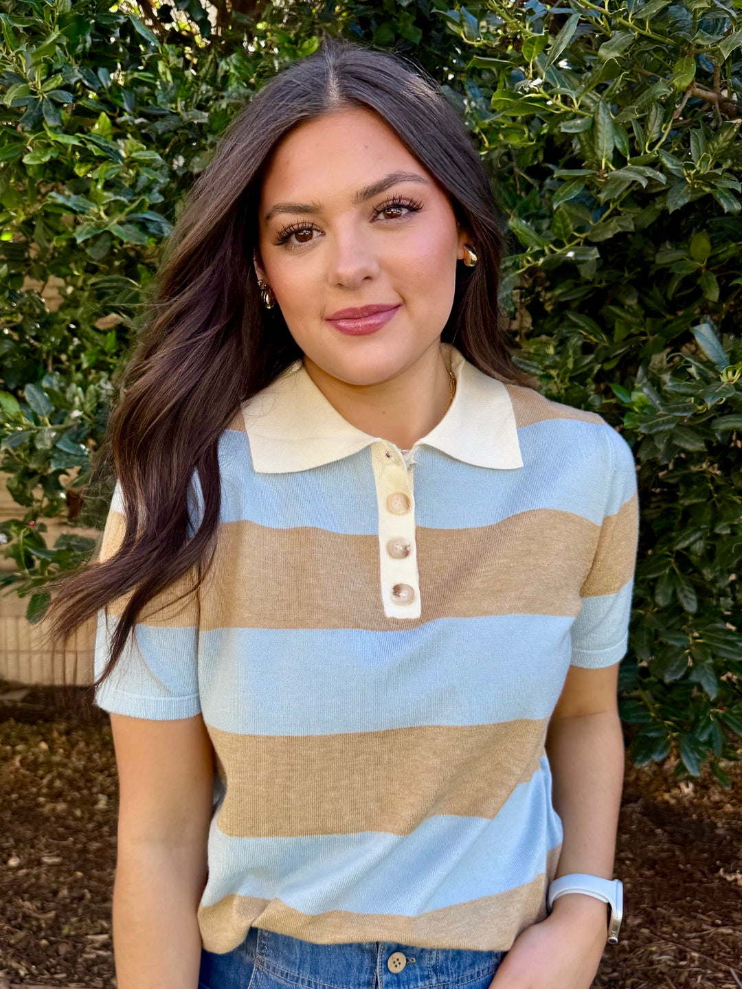 Cozy Corner Taupe Striped Collared Top