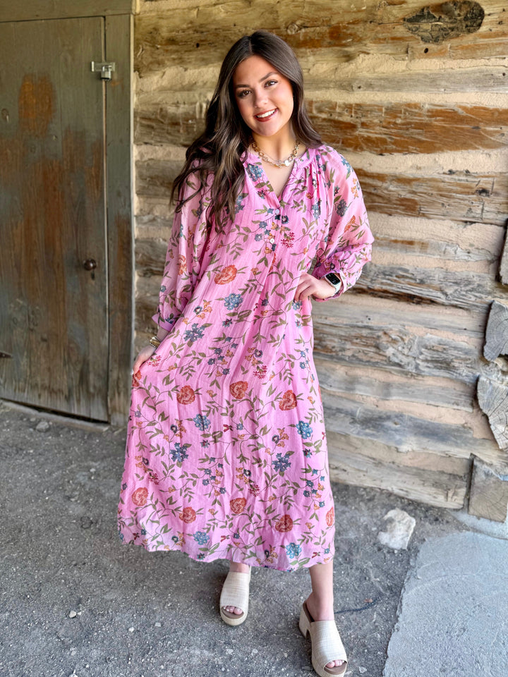 Petals & Grace V-Neck Pink Maxi Dress