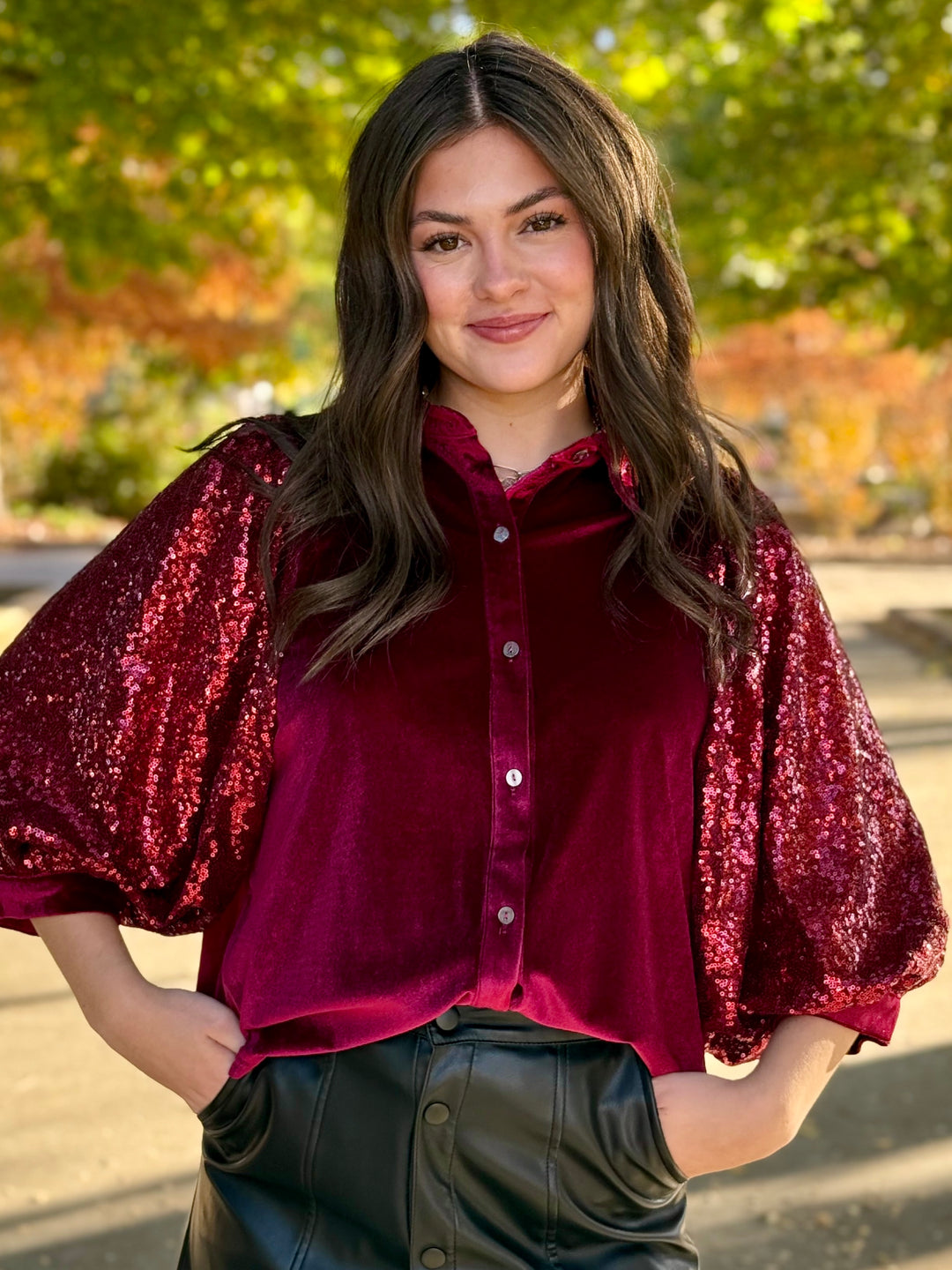 Spinning Sequin Puff Sleeve Velvet Top
