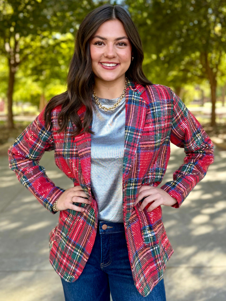 Plaid Glimmer Sequin Blazer