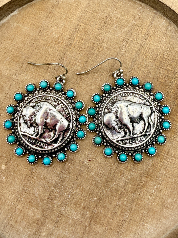 Turquoise Buffalo Coin Earrings