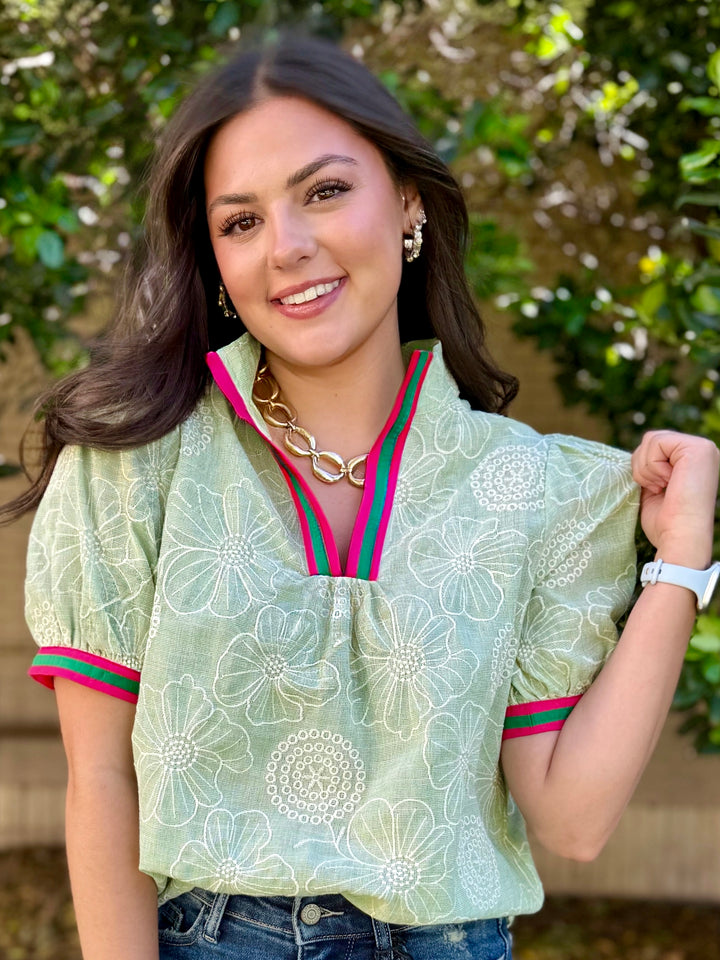 The Little Details Green V-Neck Blouse