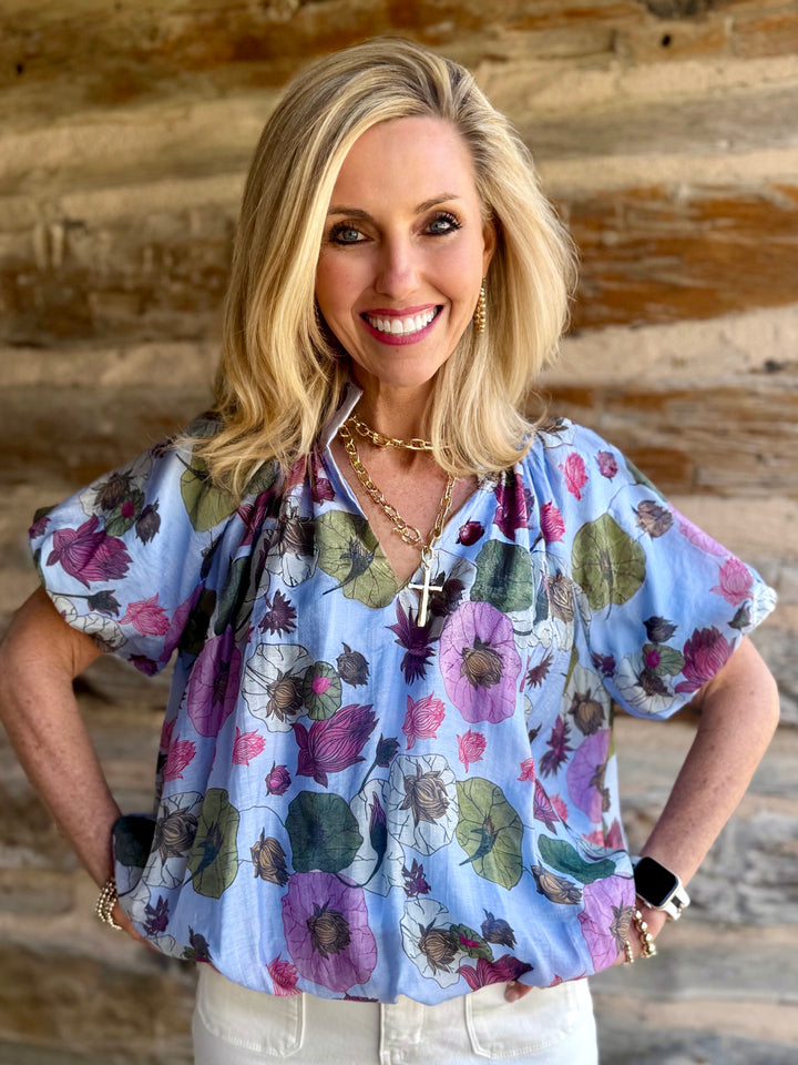 Morning Dew Blue Floral V-Neck Blouse