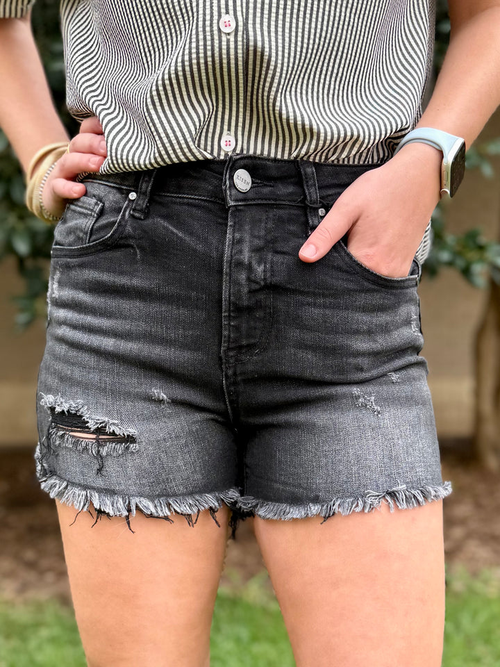 Finley High Rise Raw Hem Distressed Shorts by Risen