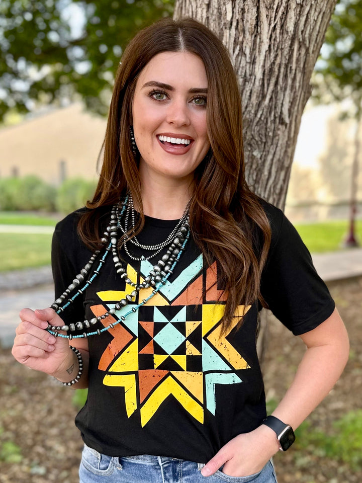 Quilted Aztec in Multicolor Ink Short Sleeve Tee by Texas True Threads