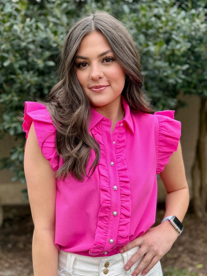 Evening Grace Short Sleeve Pearl Button Down Blouse