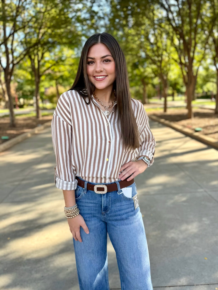 Button Up & Brew Striped Button Up Top