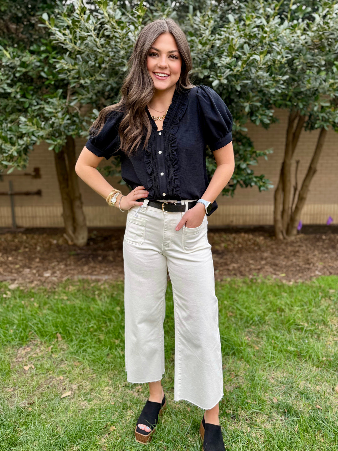 Effortless Charm Black V-Neck Ruffle Blouse
