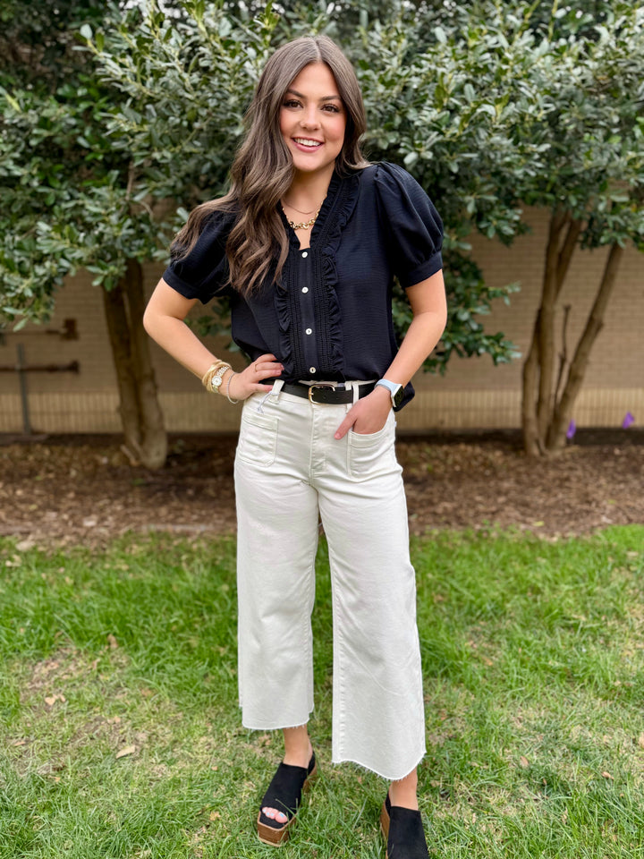 Effortless Charm Black V-Neck Ruffle Blouse