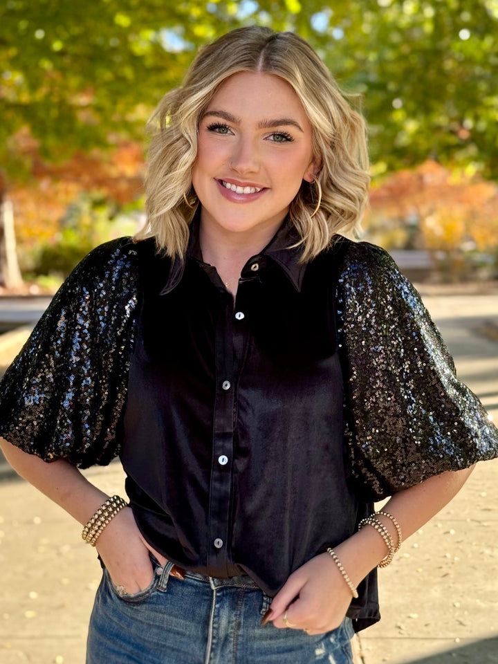 Spinning Sequin Puff Sleeve Velvet Top