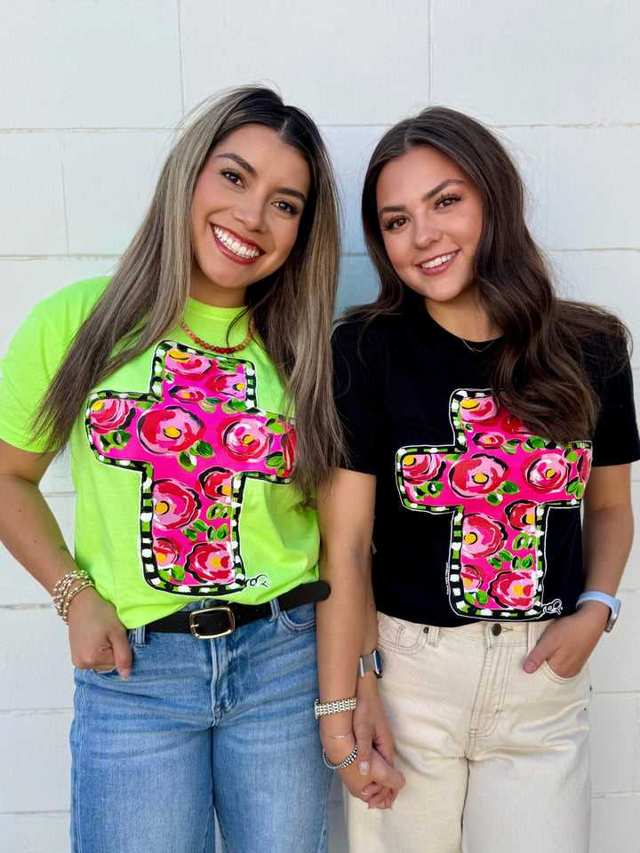 Callie Ann Stelter Floral Pink Cross Tee by Texas True Threads